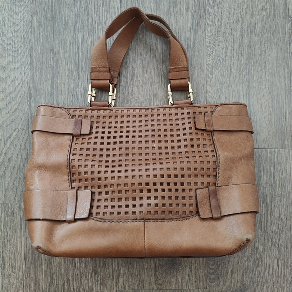 Michael Kors Tan Brown Square Laser Cut Perforated Leather Tote Bag - Picture 2 of 15